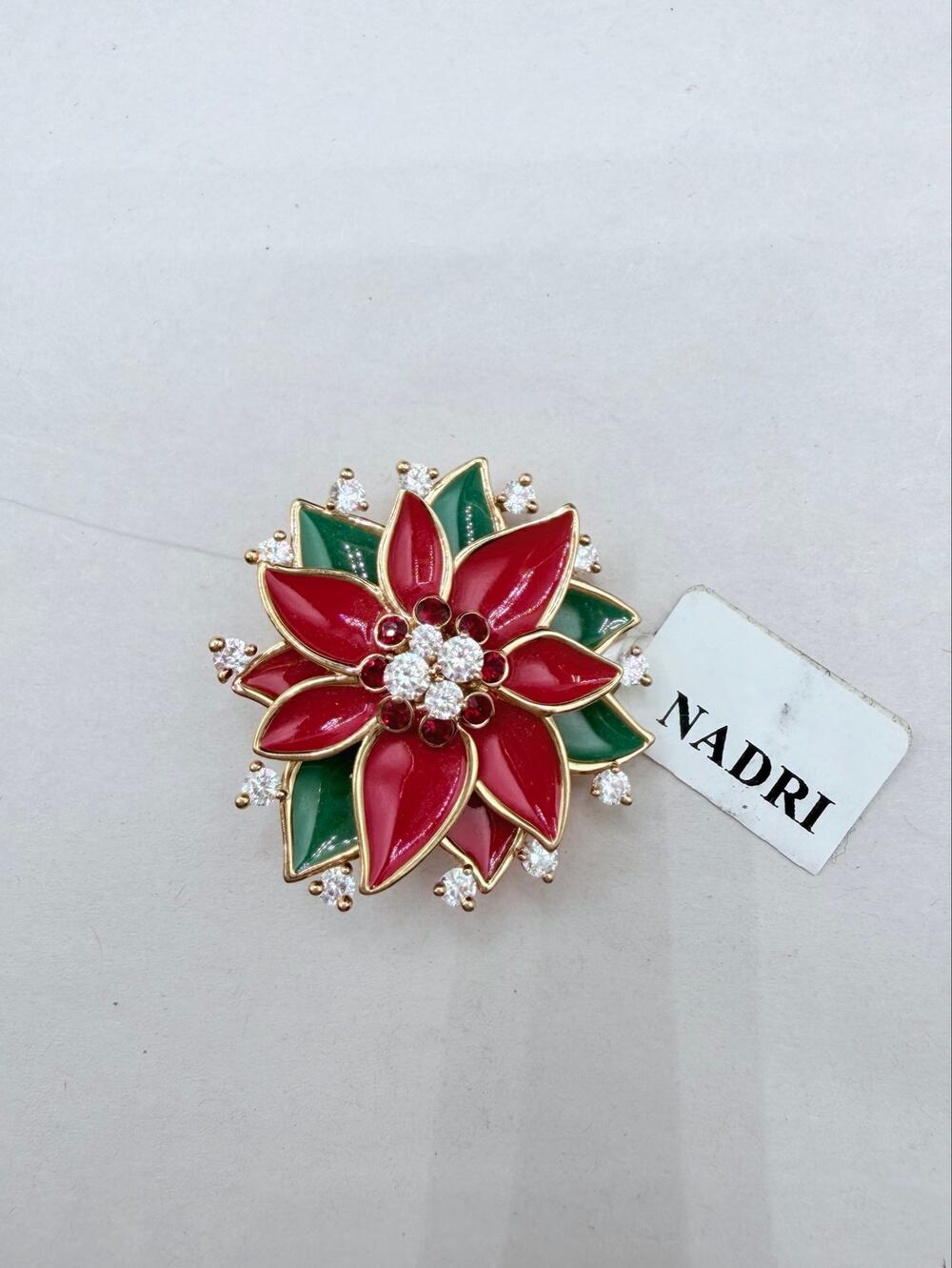 NADRI Poinsettia Holiday Pin Brooch Red Green Enamel CZ Gold Tone w Tag